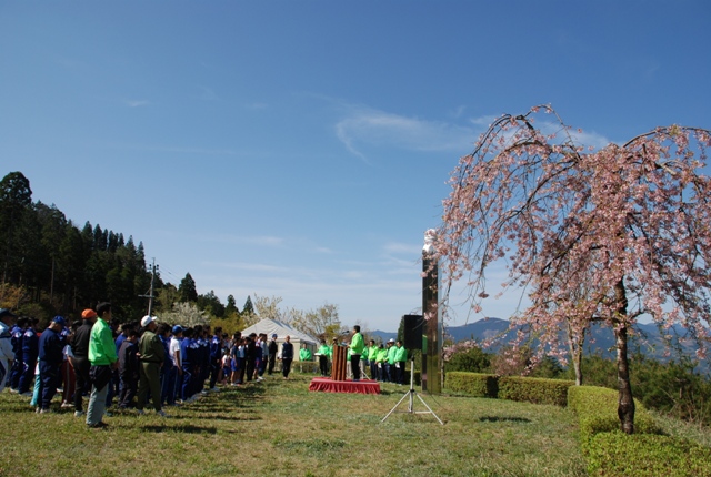 青空と桜に囲まれた開会式（昨年大会）